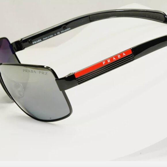Prada Polarized Mens Sunglasses Silver Mirror Black New - Picture 2 of 4